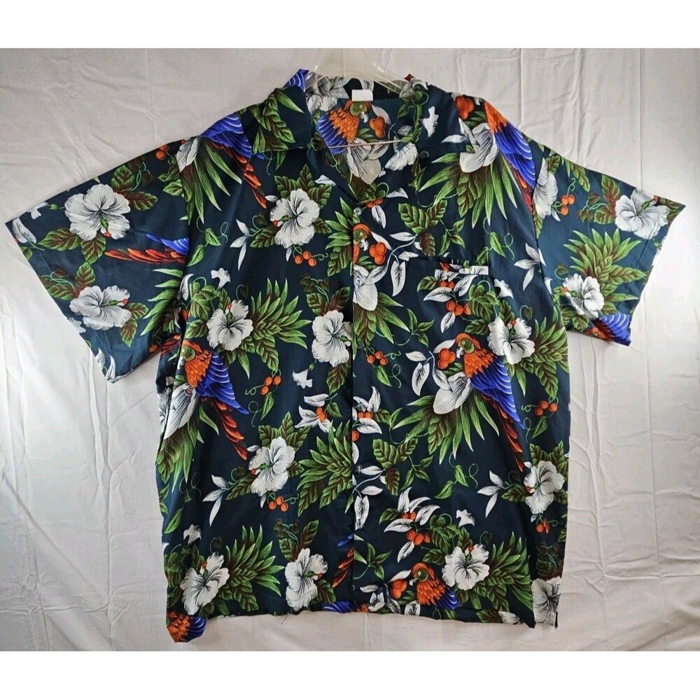 King Kameha Hawaiian Shirt Mens Size 4XL Green Hibiscus Parrot Bird Short Sleeve